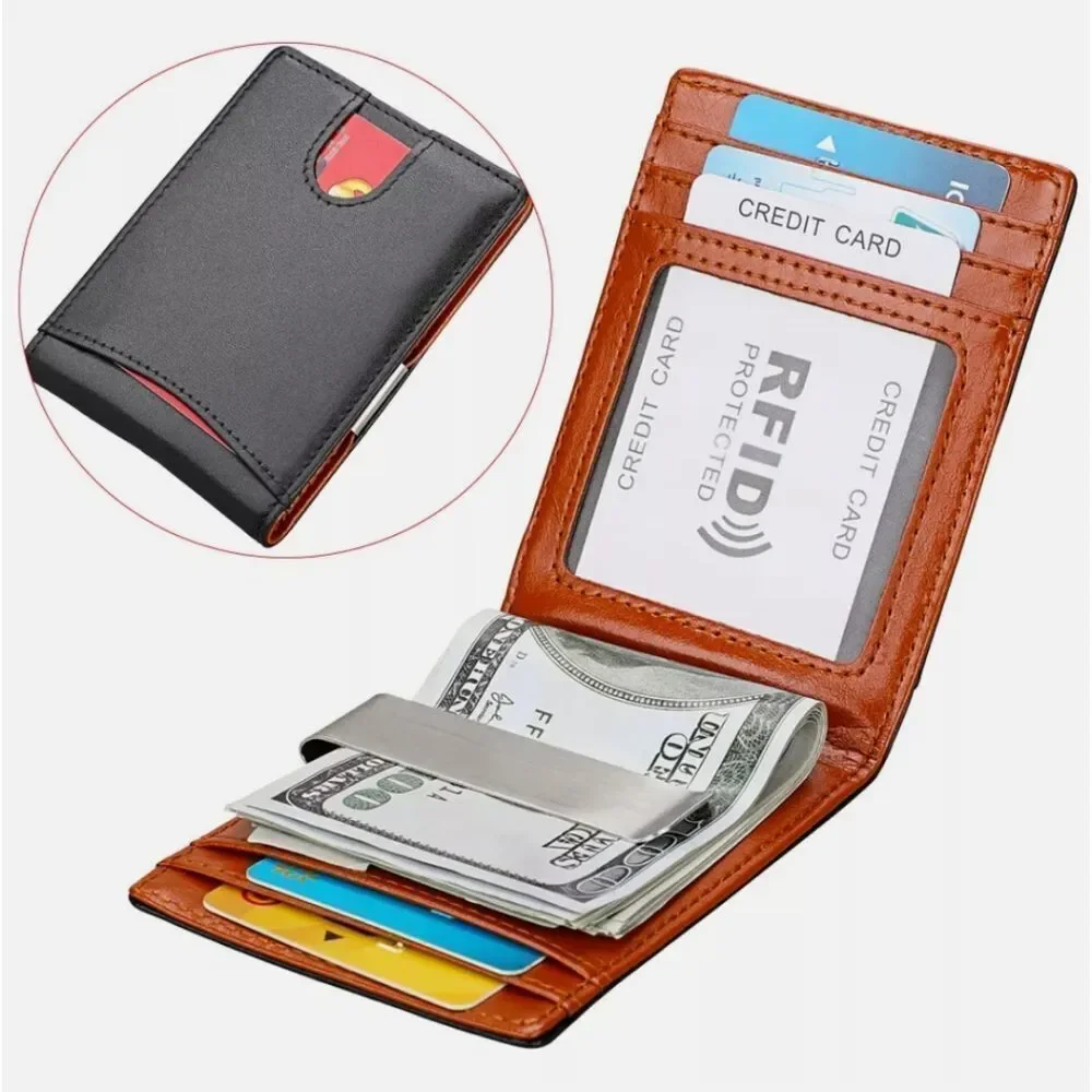 Mens Slim Wallet Minimalist Thin Front Pocket Leather Card Holder RFID Blocking